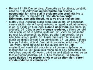 • Romani 11:19 Dar vei zice: „Ramurile au fost tăiate, ca să fiu
altoit eu.” 20 Adevărat: au fost tăiate din pricina
necredinţei lor, şi tu stai în picioare prin credinţă: Nu te
îngîmfa, deci, ci teme-te! 21 Căci dacă n-a cruţat
Dumnezeu ramurile fireşti, nu te va cruţa nici pe tine.
• Matei 21:33 Ascultaţi o altă pildă. Era un om, un gospodar,
care a sădit o vie. A împrejmuit-o cu un gard, a săpat un teasc
în ea, şi a zidit un turn. Apoi a dat-o unor vieri, şi a plecat în
altă ţară. 34 Când a venit vremea roadelor, a trimis pe robii
săi la vieri, ca să ia partea lui de rod. 35 Vierii au pus mâna
pe robii lui, şi pe unul l-au bătut, pe altul l-au omorât, iar pe
altul l-au ucis cu pietre. 36 A mai trimis alţi robi, mai mulţi
decât cei dintâi; şi vierii i-au primit la fel. 37 La urmă, a trimis
la ei pe fiul său, zicând: „Vor primi cu cinste pe fiul meu!” 38
Dar vierii, când au văzut pe fiul, au zis între ei: „Iată
moştenitorul; veniţi să-l omorâm şi să punem stăpânire pe
moştenirea lui.” 39 Şi au pus mâna pe el, l-au scos afară din
vie şi l-au omorât. 40 Acum, când va veni stăpânul viei, ce va
face el vierilor acelora? 41 Ei I-au răspuns: „Pe ticăloşii
aceia ticălos îi va pierde, şi via o va da altor vieri, care-i
vor da rodurile la vremea lor.”
 