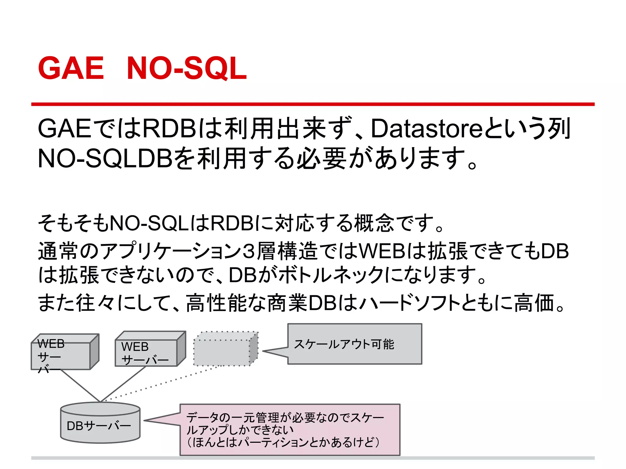 GAE　NO-SQL
GAEではRDBは利用出来ず、Datastoreという列
NO-SQLDBを利用する必要があります。

そもそもNO-SQLはRDBに対応する概念です。
通常のアプリケーション３層構造ではWEBは拡張できてもDB
は拡張できないので、DBがボトルネックになります。
また往々にして、高性能な商業DBはハードソフトともに高価。
WEB        WEB              スケールアウト可能
サー         サーバー
バー


                  データの一元管理が必要なのでスケー
      DBサーバー      ルアップしかできない
                  （ほんとはパーティションとかあるけど）
 