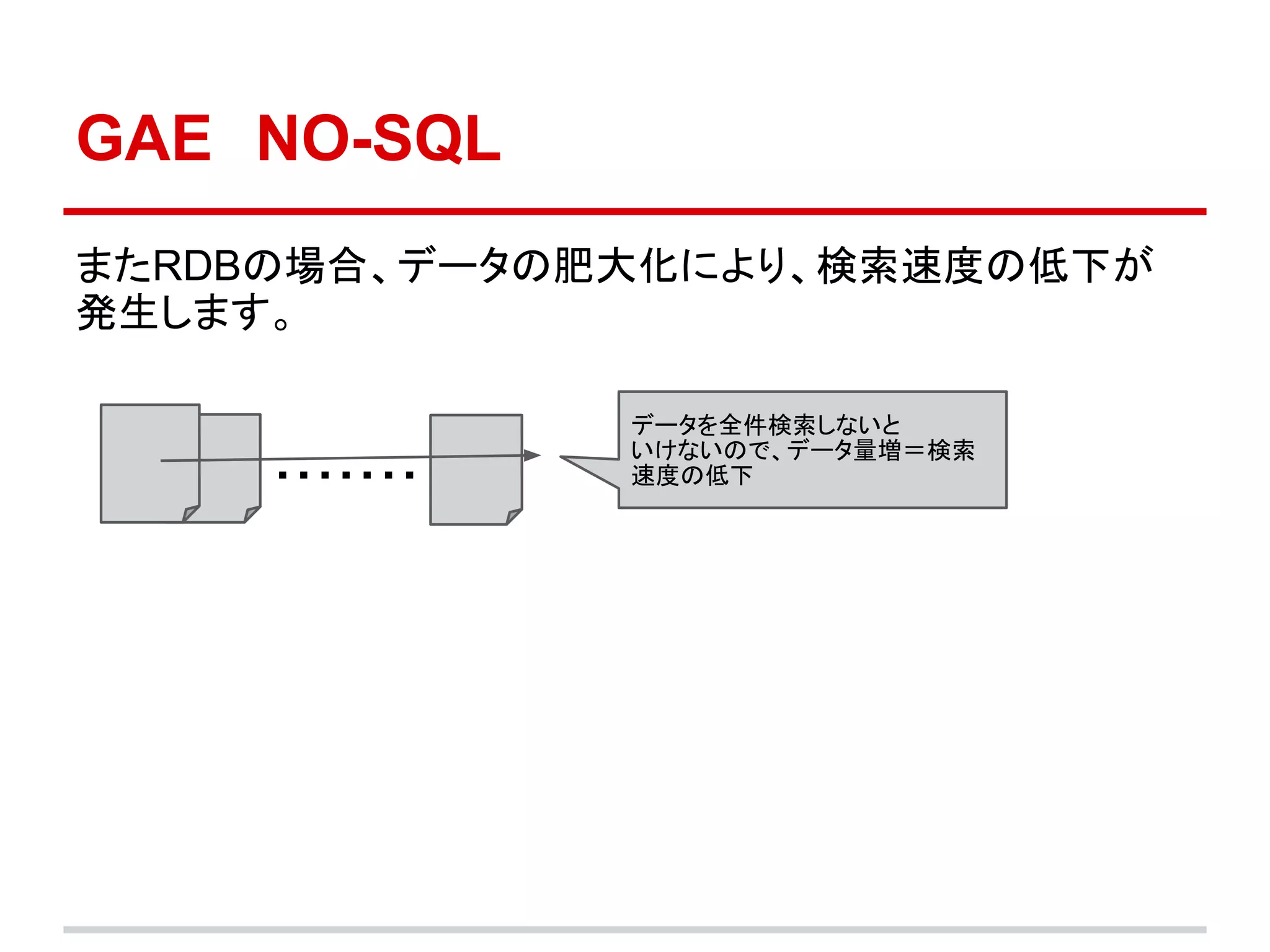 GAE　NO-SQL
またRDBの場合、データの肥大化により、検索速度の低下が
発生します。

                 データを全件検索しないと
                 いけないので、データ量増＝検索
　　　　　　　・・・・・・・   速度の低下
 