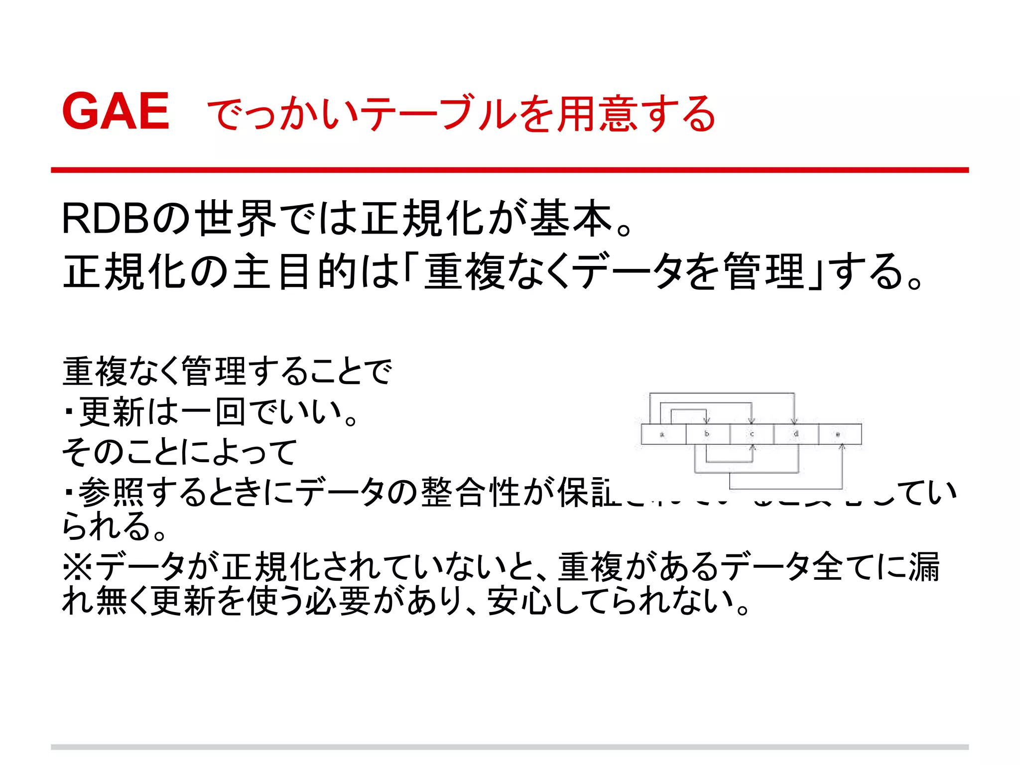 GAE　でっかいテーブルを用意する

RDBの世界では正規化が基本。
正規化の主目的は「重複なくデータを管理」する。

重複なく管理することで
・更新は一回でいい。
そのことによって
・参照するときにデータの整合性が保証されていると安心してい
られる。
※データが正規化されていないと、重複があるデータ全てに漏
れ無く更新を使う必要があり、安心してられない。
 