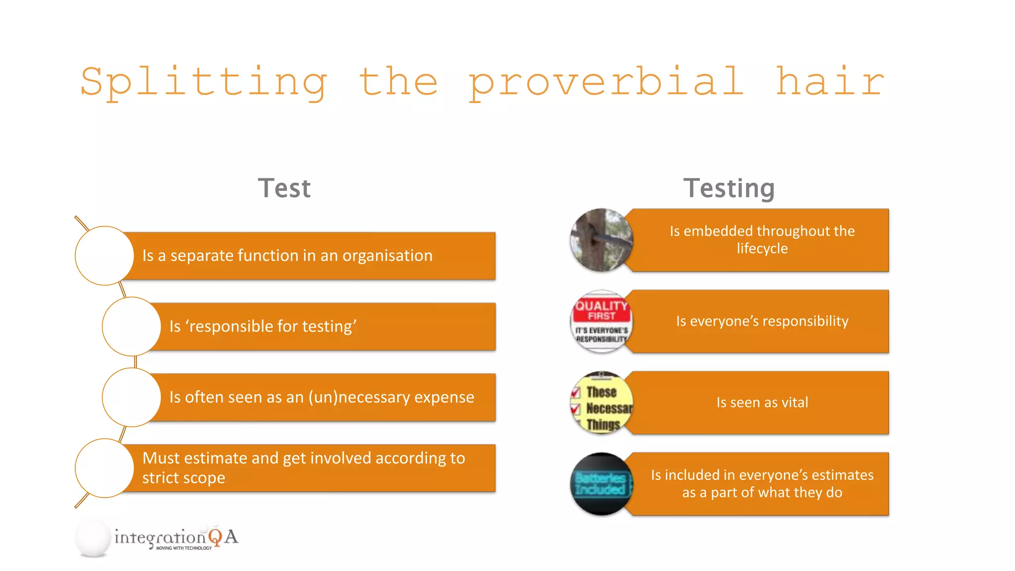 Splitting the proverbial hair
Test
Is a separate function in an organisation
Is ‘responsible for testing’
Is often seen as an (un)necessary expense
Must estimate and get involved according to
strict scope
Testing
Is embedded throughout the
lifecycle
Is everyone’s responsibility
Is seen as vital
Is included in everyone’s estimates
as a part of what they do
 