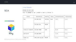 SCA
CODE 14
$ trivy filesystem .
…
package-lock.json (npm)
=======================
Total: 39 (UNKNOWN: 0, LOW: 2, MEDIUM: 9, HIGH: 21, CRITICAL: 7)
┌──────────────────────┬─────────────────────┬──────────┬──────────┬───────────────────┬────────────────
│ Library │ Vulnerability │ Severity │ Status │ Installed Version │ Fixed Version
├──────────────────────┼─────────────────────┼──────────┼──────────┼───────────────────┼────────────────
│ bson │ CVE-2020-7610 │ CRITICAL │ fixed │ 1.0.9 │ 1.1.4
│ │ │ │ │ │
│ │ │ │ │ │
│ ├─────────────────────┼──────────┤ │ │
│ │ CVE-2019-2391 │ MEDIUM │ │ │
│ │ │ │ │ │
│ │ │ │ │ │
├──────────────────────┼─────────────────────┼──────────┤ ├───────────────────┼────────────────
│ decode-uri-component │ CVE-2022-38900 │ HIGH │ │ 0.2.0 │ 0.2.1
│ │ │ │ │ │
├──────────────────────┼─────────────────────┤ │ ├───────────────────┼────────────────
│ glob-parent │ CVE-2020-28469 │ │ │ 3.1.0 │ 5.1.2
│ │ │ │ │ │
├──────────────────────┼─────────────────────┼──────────┤ ├───────────────────┼────────────────
│ helmet-csp │ GHSA-c3m8-x3cg-qm2c │ MEDIUM │ │ 1.2.2 │ 2.9.1
@OtherDevOpsGene #NebraskaCode2024
 
