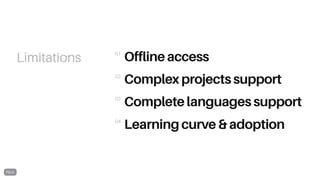 Limitations Offline access
Complex projects support
Complete languages support
Learning curve & adoption
01
02
03
04
 