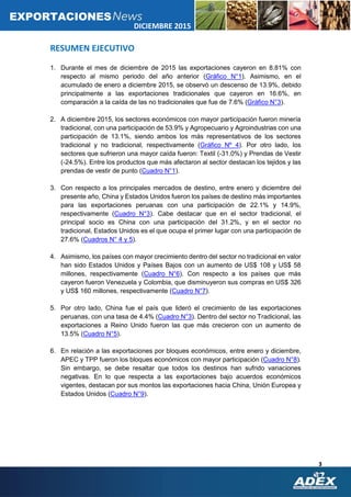 3
DICIEMBRE 2015
EXPORTACIONES
RESUMEN EJECUTIVO
1. Durante el mes de diciembre de 2015 las exportaciones cayeron en 8.81% con
respecto al mismo periodo del año anterior (Gráfico N°1). Asimismo, en el
acumulado de enero a diciembre 2015, se observó un descenso de 13.9%, debido
principalmente a las exportaciones tradicionales que cayeron en 16.6%, en
comparación a la caída de las no tradicionales que fue de 7.6% (Gráfico N°3).
2. A diciembre 2015, los sectores económicos con mayor participación fueron minería
tradicional, con una participación de 53.9% y Agropecuario y Agroindustrias con una
participación de 13.1%, siendo ambos los más representativos de los sectores
tradicional y no tradicional, respectivamente (Gráfico Nº 4). Por otro lado, los
sectores que sufrieron una mayor caída fueron: Textil (-31.0%) y Prendas de Vestir
(-24.5%). Entre los productos que más afectaron al sector destacan los tejidos y las
prendas de vestir de punto (Cuadro N°1).
3. Con respecto a los principales mercados de destino, entre enero y diciembre del
presente año, China y Estados Unidos fueron los países de destino más importantes
para las exportaciones peruanas con una participación de 22.1% y 14.9%,
respectivamente (Cuadro N°3). Cabe destacar que en el sector tradicional, el
principal socio es China con una participación del 31.2%, y en el sector no
tradicional, Estados Unidos es el que ocupa el primer lugar con una participación de
27.6% (Cuadros N° 4 y 5).
4. Asimismo, los países con mayor crecimiento dentro del sector no tradicional en valor
han sido Estados Unidos y Países Bajos con un aumento de US$ 108 y US$ 58
millones, respectivamente (Cuadro N°6). Con respecto a los países que más
cayeron fueron Venezuela y Colombia, que disminuyeron sus compras en US$ 326
y US$ 160 millones, respectivamente (Cuadro N°7).
5. Por otro lado, China fue el país que lideró el crecimiento de las exportaciones
peruanas, con una tasa de 4.4% (Cuadro N°3). Dentro del sector no Tradicional, las
exportaciones a Reino Unido fueron las que más crecieron con un aumento de
13.5% (Cuadro N°5).
6. En relación a las exportaciones por bloques económicos, entre enero y diciembre,
APEC y TPP fueron los bloques económicos con mayor participación (Cuadro N°8).
Sin embargo, se debe resaltar que todos los destinos han sufrido variaciones
negativas. En lo que respecta a las exportaciones bajo acuerdos económicos
vigentes, destacan por sus montos las exportaciones hacia China, Unión Europea y
Estados Unidos (Cuadro N°9).
 
