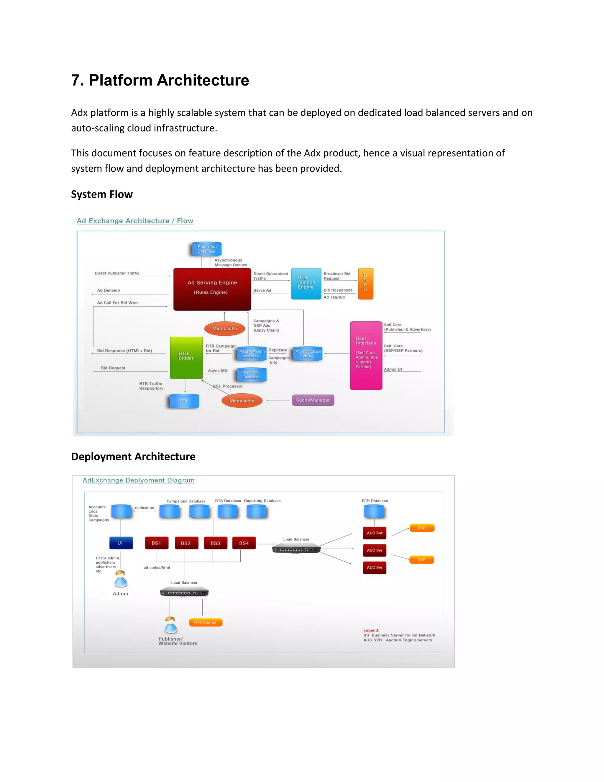 7. Platform Architecture
Adx platform is a highly scalable system that can be deployed on dedicated load balanced servers and on
auto-scaling cloud infrastructure.
This document focuses on feature description of the Adx product, hence a visual representation of
system flow and deployment architecture has been provided.
System Flow
Deployment Architecture
 