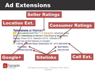 Ad Extensions
Seller Ratings
Sitelinks Call Ext.
Location Ext.
Google+
PPC Masters Hamburg 2014 – Konferenz für PPC, SEA &
AdWords
Consumer Ratings
 