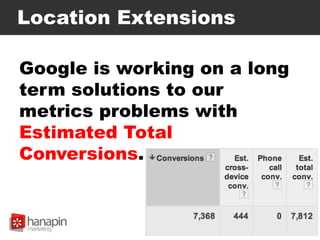 Location Extensions
Google is working on a long
term solutions to our
metrics problems with
Estimated Total
Conversions.
 