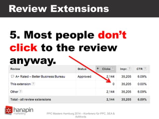 Review Extensions
5. Most people don’t
click to the review
anyway.
PPC Masters Hamburg 2014 – Konferenz für PPC, SEA &
AdWords
 