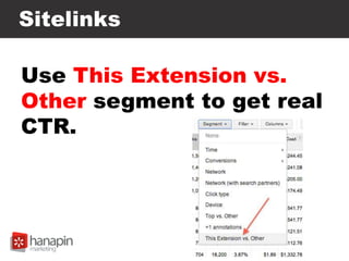 Sitelinks
Use This Extension vs.
Other segment to get real
CTR.
 