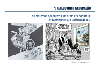 1. REDESCOBRIR A EDUCAÇÃO
h3p://leading-­‐learning.blogspot.com/	
  
os sistemas educativos insistem em construir
industrialmente a uniformidade?
 