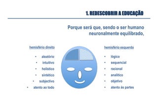 •  aleatório
•  intuitivo
•  holístico
•  sintético
•  subjectivo
•  atento ao todo
hemisfério direito
•  lógico
•  sequencial
•  racional
•  analítico
•  objetivo
•  atento às partes
hemisfério esquerdo
Porque será que, sendo o ser humano
neuronalmente equilibrado,
1. REDESCOBRIR A EDUCAÇÃO
 