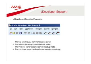 JDeveloper Support 
• JDeveloper Glassfish Extension 
– The first one lets you start the Glassfish server. 
– The second one lets you stop Glassfish server. 
– The third one starts Glassfish server in debug mode. 
– The fourth one starts the Glassfish server web console app. 
 