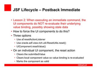 JSF Lifecycle – Postback Immediate
• Lesson 2: When executing an immediate command, the
UI components do NOT re-evaluate t...