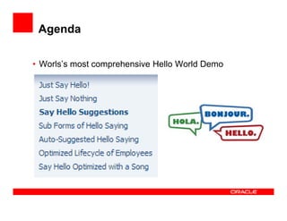 Agenda
• Worls’s most comprehensive Hello World Demo

 