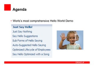 Agenda
• Worls’s most comprehensive Hello World Demo

 
