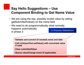 Say Hello Suggestions – Use
Component Binding to Get Name Value
• We are using the raw, possibly invalid value by calling
...