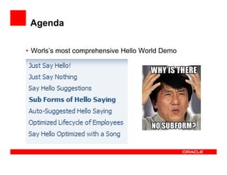 Agenda
• Worls’s most comprehensive Hello World Demo

 