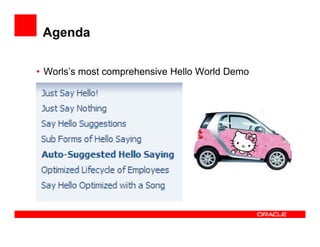 Agenda
• Worls’s most comprehensive Hello World Demo

 