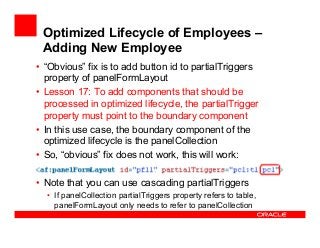 Optimized Lifecycle of Employees –
Adding New Employee
• “Obvious” fix is to add button id to partialTriggers
property of ...