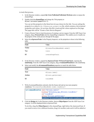 Developing the Create Page
Implementing Transactional Capabilities 9-5
to track that process.
1. In the Structure window, expand the f:view afh.html afh.body h:form nodes to expose the
af:panelPage.
2. Double-click the af:panelPage and change the Title property to
#{res['srcreate.pageTitle']}.
You can set this property to the literal text of your choice for the title. You are setting the
property to a value in the UIResources.properties file, which contains a list of paired
properties and values. At run time, this file is read and the values replaced on the page.
The page title will be “Create a New Service Request.”
3. Create a Process Train to track the process of creating a service request. From the ADF Faces Core
category, drag a ProcessTrain onto the af:panelPage component. This enables you to visually see
the progress of the create process through all the pages.
4. Select the af:processTrain. In the Property Inspector, set the properties to those in the following
table:
Field Value
Value #{createTrainMenuModel.model}
Var train
Id createStepsTrain
5. In the Structure window, expand the af:processTrain ProcessTrain facets, exposing the
nodeStamp. From the ADF Faces Core category, drag a CommandMenuItem to the nodeStamp.
6. Select and modify the af:commandMenuItem properties to match the table below:
Field Value
Text #{train.label}
Action #{train.getOutcome}
Id trainNode
7. With af:commandMenuItem selected, click the Source tab and set one more property:
readOnly="#{createTrainMenuModel.model.readOnly}".
8. Click the Design tab. In the Structure window, drop an ObjectSpacer from the ADF Faces Core
category. It will be displayed below af:processTrain.
To do this, drag the ObjectSpacer to the af:panelPage, right below the af:processTrain. If
you need to move it to a different location, drag it to another node and it will be added at
 