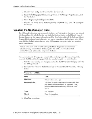 Creating the Confirmation Page
9-12 Oracle Application Development Framework: Tutorial (10.1.3.1.0)
1. Open the faces-config.xml file and click the Overview tab.
2. Select the backing_app_SRCreate managed bean. In the Managed Properties pane, click
the New button.
3. Name the property bindings and click OK.
4. Click the Edit button and set the Value property to #{bindings}. Click OK to complete
the process.
Creating the Confirmation Page
The SRCreateConfirm page enables a user to confirm a newly created service request and commit
it to the database. It is called when the user clicks the Continue button on the SRCreate page. It
displays the new service request information and has three buttons: Cancel, Go Back, and Submit
Request. Clicking Cancel cancels the entire new service request entry and navigates to the SRList
page. Clicking Go Back returns the user to the SRCreate page but preserves the new tentative
service request entry.
Note: In some cases, labels of fields will be pulled from the general resource bundle
rather than being inherited from the bindings for that field. All of the labels which
contain “#{res[...]}” reference the component attributes.
Here, you continue to develop pages to support the creation process. The second page in the
process is the SRCreateConfirm page, which also uses the template you created earlier.
1. With the faces-config.xml file open, double-click the SRCreateConfirm page to invoke
the JSF Page Wizard.
2. Ensure that the values for the first three steps of the wizard match those in the following
tables:
3. Click Next to continue.
Wizard Step 1: JSP File
Field Value
File Name SRCreateConfirm.jspx
Directory Name This is the location where the file is stored. Because
you last set this value to have an appended app,
the default value should already contain it. If not,
add it.
Type JSP Document
Mobile Clear the check box.
 