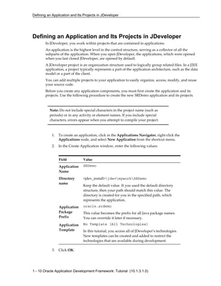 Defining an Application and Its Projects in JDeveloper
1 - 10 Oracle Application Development Framework: Tutorial (10.1.3.1.0)
Defining an Application and Its Projects in JDeveloper
In JDeveloper, you work within projects that are contained in applications.
An application is the highest level in the control structure, serving as a collector of all the
subparts of the application. When you open JDeveloper, the applications, which were opened
when you last closed JDeveloper, are opened by default.
A JDeveloper project is an organization structure used to logically group related files. In a J2EE
application, a project typically represents a part of the application architecture, such as the data
model or a part of the client.
You can add multiple projects to your application to easily organize, access, modify, and reuse
your source code.
Before you create any application components, you must first create the application and its
projects. Use the following procedure to create the new SRDemo application and its projects.
Note: Do not include special characters in the project name (such as
periods) or in any activity or element names. If you include special
characters, errors appear when you attempt to compile your project.
1. To create an application, click in the Applications Navigator, right-click the
Applications node, and select New Application from the shortcut menu.
2. In the Create Application window, enter the following values:
3. Click OK.
Field Value
Application
Name
SRDemo
Directory
name
<jdev_install>jdevmyworkSRDemo
Keep the default value. If you used the default directory
structure, then your path should match this value. The
directory is created for you in the specified path, which
represents the application.
Application
Package
Prefix
oracle.srdemo
This value becomes the prefix for all Java package names.
You can override it later if necessary.
Application
Template
No Template [All Technologies]
In this tutorial, you access all of JDeveloper’s technologies.
New templates can be created and added to restrict the
technologies that are available during development.
 