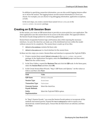 Creating an EJB Session Bean
Developing the Data Model 2-15
In addition to specifying connection information, you can also switch logging features either
on or off for the session. The logging feature records session information at a level you
choose. For example, you can choose to log debugging information, application exceptions,
or both.
In the next steps, you create a session bean named SRPublicFacade in the
oracle.srdemo.datamodel package.
Creating an EJB Session Bean
In this section, you create an EJB session bean to provide an access point for your application. The
client application uses this session bean for its access to the data model. This approach follows
the Session Facade design pattern for constructing applications.
Session beans encapsulate business logic and business data while exposing the necessary
interfaces. As such, the client tier can make use of the distributed services within the model
without concern for its complexity. The session bean is made up of two files:
SRPublicFacadeBean contains the bean code.
SRPublicFacadeLocal is a local interface for the session bean.
In these next few steps you create a Session Bean and interface to represent the TopLink POJOs.
1. Create a session bean named SRPublicFacade in the oracle.srdemo.datamodel
package. In the Applications Navigator, select the DataModel project and then select
New from the context menu.
2. In the New Gallery, expand the Business Tier and click the EJB node. In the Items pane,
select the Session Bean and then click OK.
3. In the Create Session Bean Wizard, “Step 1: EJB Name and Options,” set the values as
follows and then click Next:
Field Value
EJB Name SRPublicFacade
Session Type Stateless
Transaction Type Container
Generate Session
Façade Methods
Select the check box.
Entity
Implementation
Select the TopLink POJOs option.
In “Step 2: Session Facade,” you want the Session Facade pattern to incorporate all the
methods and named queries. Expand the ServiceRequests node to expose your
declaratively created named query. Ensure that all check boxes are selected, and then
click Next.
 