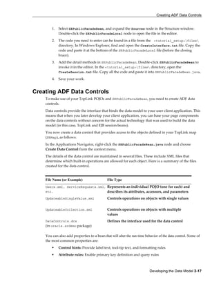 Creating ADF Data Controls
Developing the Data Model 2-17
1. Select SRPublicFacadeBean, and expand the Sources node in the Structure window.
Double-click the SRPublicFacadeLocal node to open the file in the editor.
2. The code you need to enter can be found in a file from the <tutorial_setup>files
directory. In Windows Explorer, find and open the CreateInterface.txt file. Copy the
code and paste it at the bottom of the SRPublicFacadeLocal file (before the closing
brace).
3. Add the detail methods in SRPublicFacadeBean. Double-click SRPublicFacadeBean to
invoke it in the editor. In the <tutorial_setup>files directory, open the
CreateSession.txt file. Copy all the code and paste it into SRPublicFacadeBean.java.
4. Save your work.
Creating ADF Data Controls
To make use of your TopLink POJOs and SRPublicFacadeBean, you need to create ADF data
controls.
Data controls provide the interface that binds the data model to your user client application. This
means that when you later develop your client application, you can base your page components
on the data controls without concern for the actual technology that was used to build the data
model (in this case, TopLink and EJB session beans).
You now create a data control that provides access to the objects defined in your TopLink map
(SRMap), as follows:
In the Applications Navigator, right-click the SRPublicFacadeBean.java node and choose
Create Data Control from the context menu.
The details of the data control are maintained in several files. These include XML files that
determine which built-in operations are allowed for each object. Here is a summary of the files
created for the data control.
You can also add properties to a bean that will alter the run-time behavior of the data control. Some of
the most common properties are:
Control hints: Provide label text, tool-tip text, and formatting rules
Attribute rules: Enable primary key definition and query rules
File Name (or Example) File Type
Users.xml, ServiceRequests.xml,
etc.
Represents an individual POJO (one for each) and
describes its attributes, accessors, and parameters
UpdateableSingleValue.xml Controls operations on objects with single values
UpdateableCollection.xml Controls operations on objects with multiple
values
DataControls.dcx
(in oracle.srdemo package)
Defines the interface used for the data control
 