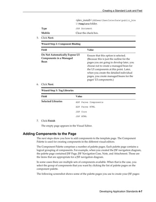Creating a Standard Look and Feel
Developing Application Standards 4-7
<jdev_install>SRDemoUserInterfacepublic_htm
lTemplate folder.
Type JSP Document
Mobile Clear the check box.
5. Click Next.
Wizard Step 2: Component Binding
Field Value
Do Not Automatically Expose UI
Components in a Managed
Bean
Ensure that this option is selected.
(Because this is just the outline for the
pages you are going to develop later, you
choose not to create a managed bean for
the UI components at this point. Later,
when you create the detailed individual
pages, you create managed beans for the
pages' UI components.)
6. Click Next.
Wizard Step 3: Tag Libraries
Field Value
Selected Libraries ADF Faces Components
ADF Faces HTML
JSF Core
JSF HTML
7. Click Finish
The empty page appears in the Visual Editor.
Adding Components to the Page
The next steps show you how to add components to the template page. The Component
Palette is used for creating components in the different visual editors.
The Component Palette comprises a number of palette pages. Each palette page contains a
logical grouping of components. For example, when you created the JSF navigation diagram,
the palette page contained JSF Page, JSF Navigation Case, Note, and Attachment. Those are
the items that are appropriate for a JSF navigation diagram.
In some cases there are multiple sets of components available. When that is the case, you
select the group of components that you want by clicking the list of palette pages on the
component palette.
The following screenshot shows some of the palette pages you use to create your JSF pages:
 