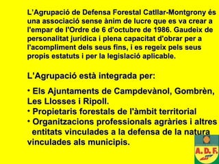 L’Agrupació de Defensa Forestal  Catllar-Montgrony  és una associació sense ànim de lucre que es va crear a l'empar de l'Ordre de 6 d'octubre de 1986. Gaudeix de personalitat jurídica i plena capacitat d'obrar per a l'acompliment dels seus fins, i es regeix pels seus propis estatuts i per la legislació aplicable. L’Agrupació  està  integrada per: Els  Ajuntament s de Campdevànol, Gombrèn, Les Llosses i Ripoll. Propietaris forestals de l'àmbit territorial  Organitzacions professionals agràries i  altres  entitats vinculades a la defensa de la natura vinculades al s  municipi s .   