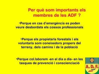 Per què som importants els membres de les ADF ? Perque en cas d’emergència es poden veure desbordats els cossos professionals Perque els propietaris forestals i els voluntaris som coneixedors propers del terreny, dels camins i de la població Perque col.laborem -en el dia a dia- en les tasques de prevenció i conscienciació 