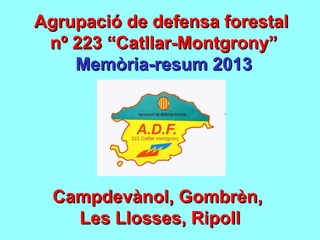Agrupació de defensa forestalAgrupació de defensa forestal
nº 223 “Catllar-Montgrony”nº 223 “Catllar-Montgrony”
Memòria-resum 2013Memòria-resum 2013
Campdevànol, Gombrèn,Campdevànol, Gombrèn,
Les Llosses, RipollLes Llosses, Ripoll
 