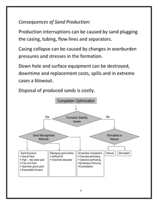 3
Consequences of Sand Production:
Production interruptions can be caused by sand plugging
the casing, tubing, flow lines and separators.
Casing collapse can be caused by changes in overburden
pressures and stresses in the formation.
Down hole and surface equipment can be destroyed,
downtime and replacement costs, spills and in extreme
cases a blowout.
Disposal of produced sands is costly.
 
