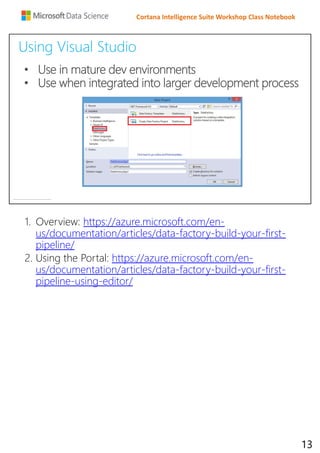 Cortana Intelligence Suite Workshop Class Notebook
Using Visual Studio
• Use in mature dev environments
• Use when integrated into larger development process
1. Overview: https://azure.microsoft.com/en-
us/documentation/articles/data-factory-build-your-first-
pipeline/
2. Using the Portal: https://azure.microsoft.com/en-
us/documentation/articles/data-factory-build-your-first-
pipeline-using-editor/
13
 