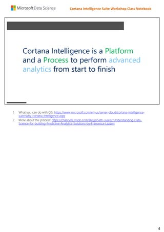 Cortana Intelligence Suite Workshop Class Notebook
Cortana Intelligence is a Platform
and a Process to perform advanced
analytics from start to finish
1. What you can do with CIS: https://www.microsoft.com/en-us/server-cloud/cortana-intelligence-
suite/why-cortana-intelligence.aspx
2. More about the process: https://channel9.msdn.com/Blogs/Seth-Juarez/Understanding-Data-
Science-for-building-Predictive-Analytics-Solutions-by-Francesca-Lazzeri
4
 