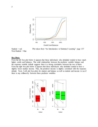 2
Student = red Plot taken from “An Introduction to Statistical Learning” page 137
Non-Student = blue
Box Plots:
From the left box plot below it appears that those individuals who defaulted tended to have much
higher credit card balances. This solid relationship between the predictor variable balance and
the response variable default suggests there is a strong correlation between the two of them.
From the right box plot below it appears that those individuals who defaulted tended to have a
slightly lower median income. Thus, the predictor income is slightly correlated with the response
default. Next, I will plot box plots for student and balance as well as student and income to see if
there is any collinearity between these predictor variables.
No Yes
05001000150020002500
Default
CreditCardBalance
No Yes
0200004000060000
Default
Income
 