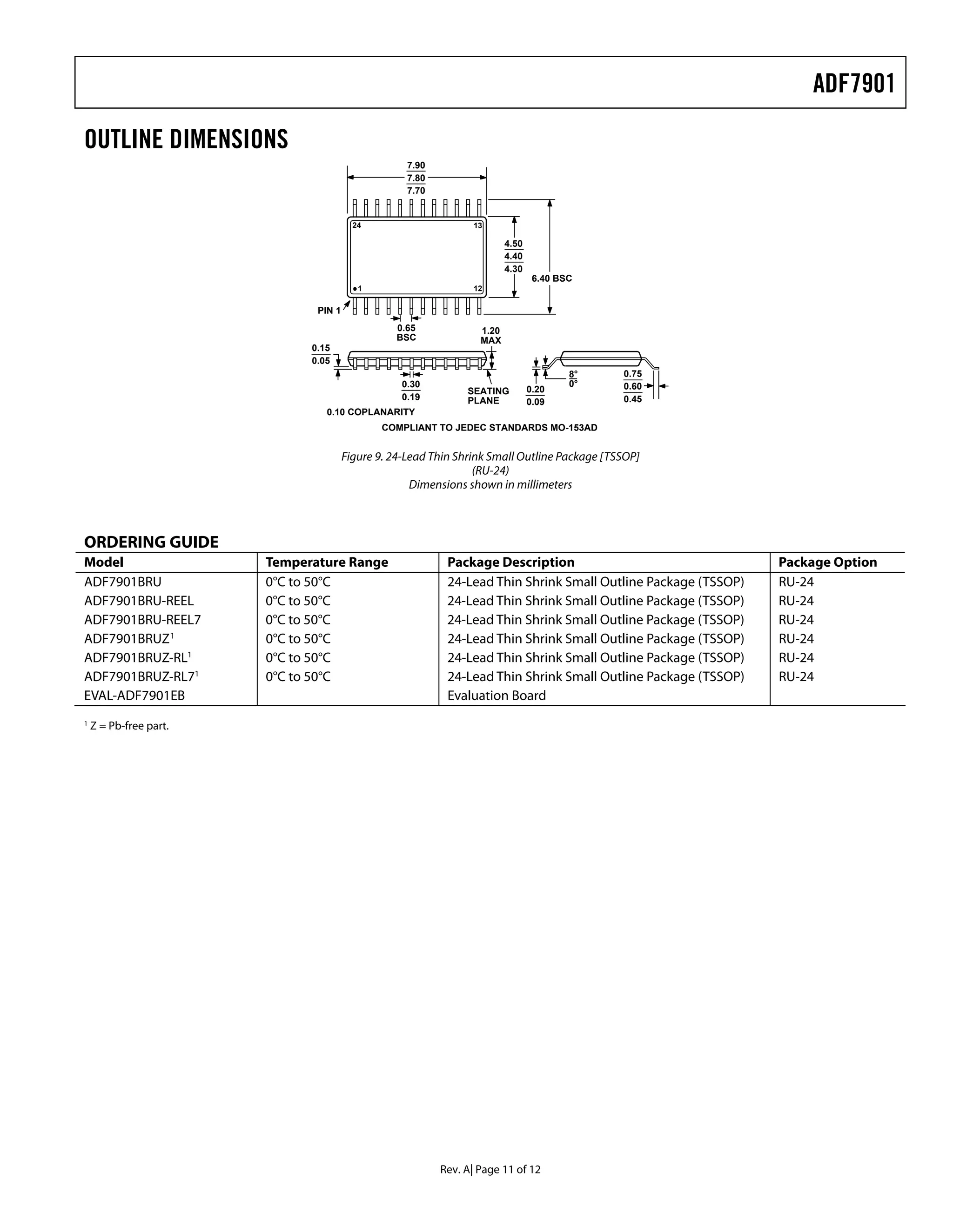 ADF7901

OUTLINE DIMENSIONS
                                                    7.90
                                                    7.80
                                                    7.70


                                         24                      13

                                                                          4.50
                                                                          4.40
                                                                          4.30
                                                                                  6.40 BSC
                                          1                      12

                               PIN 1
                                                 0.65              1.20
                                                 BSC               MAX
                              0.15
                              0.05
                                                                                         8°   0.75
                                                  0.30                                   0°   0.60
                                                                SEATING          0.20
                                                  0.19          PLANE                         0.45
                                                                                 0.09
                                 0.10 COPLANARITY
                                              COMPLIANT TO JEDEC STANDARDS MO-153AD


                                       Figure 9. 24-Lead Thin Shrink Small Outline Package [TSSOP]
                                                                  (RU-24)
                                                     Dimensions shown in millimeters



ORDERING GUIDE
Model                   Temperature Range                   Package Description                                 Package Option
ADF7901BRU              0°C to 50°C                         24-Lead Thin Shrink Small Outline Package (TSSOP)   RU-24
ADF7901BRU-REEL         0°C to 50°C                         24-Lead Thin Shrink Small Outline Package (TSSOP)   RU-24
ADF7901BRU-REEL7        0°C to 50°C                         24-Lead Thin Shrink Small Outline Package (TSSOP)   RU-24
ADF7901BRUZ 1           0°C to 50°C                         24-Lead Thin Shrink Small Outline Package (TSSOP)   RU-24
ADF7901BRUZ-RL1         0°C to 50°C                         24-Lead Thin Shrink Small Outline Package (TSSOP)   RU-24
ADF7901BRUZ-RL71        0°C to 50°C                         24-Lead Thin Shrink Small Outline Package (TSSOP)   RU-24
EVAL-ADF7901EB                                              Evaluation Board
1
    Z = Pb-free part.




                                                           Rev. A| Page 11 of 12
 