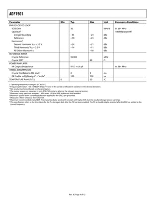 ADF7901
Parameter                                                        Min          Typ                     Max               Unit           Comments/Conditions
PHASE-LOCKED LOOP
  VCO Gain                                                                    30                                        MHz/V          At 384 MHz
  Spurious3, 7                                                                                                                         100 kHz loop BW
    Integer Boundary                                                          –45                     −23               dBc
    Reference                                                                 −70                     −23               dBc
  Harmonics3
    Second Harmonic VDD = 3.0 V                                               −24                     −21               dBc
    Third Harmonic VDD = 3.0 V                                                −14                     −11               dBc
    All Other Harmonics                                                                               −18               dBc
REFERENCE INPUT
  Crystal Reference                                                           9.8304                                    MHz
  Crystal ESR 8                                                                                       80                Ω
POWER AMPLIFIER
  PA Output Impedance                                                         97 Ω + 6.4 pF                                            At 384 MHz
TIMING INFORMATION
  Crystal Oscillator to PLL Lock3                                             2                       3                 ms
  PA Enable to PA Ready–PLL Settle 9                                          100                     250               μs
TEMPERATURE RANGE (TA)                                           0                                    50                °C

1 Operating temperature range is 0°C to 50°C.
2
  Frequency Deviation = 58 × (9.8304 MHz)/214. Error in the crystal is reflected in variation in the desired deviation.
3
  Not production tested; based on characterization.
4
  The output power can be varied in both ASK/FSK mode by altering the relevant external resistor.
5
  Measured using spectrum analyzer, 1 MHz span, 100 kHz RBW, maximum hold enabled.
6
  Maximum power-down current specification applies for the OSC2 pin grounded.
7
  Measured >461.9 kHz away from channel.
8
  Maximum recommended crystal ESR. The crystal oscillator works with crystals with higher ESR, but this results in longer power-up times.
9
  This specification refers to the time taken for the PLL to regain lock after the PA has been enabled. The PA is should only be enabled after the PLL has settled to the
  correct frequency.




                                                                            Rev. A | Page 4 of 12
 