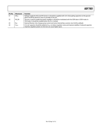 ADF7901
Pin No.   Mnemonic   Function
21        DVDD       Voltage Supply for VCO and PA Section. It should be supplied with 3.0 V. Decoupling capacitors to the ground
                     plane should be placed as close as possible to this pin.
22        PA_EN      This pin is used to enable the power amplifier. It should be modulated with the OOK data in OOK mode. In
                     FSK mode, it should be enabled when the PLL is locked.
23        RSET       External Resistor. Sets charge pump current and some internal bias currents. Use 3.6 kΩ as default.
24        CREG2      A 2.2 μF capacitor should be added at CREG2 to reduce regulator noise and improve stability. A reduced capacitor
                     improves regulator power-on time but can cause higher spurs.




                                                        Rev. A| Page 7 of 12
 
