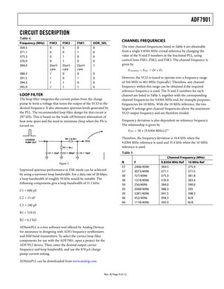 ADF7901

CIRCUIT DESCRIPTION
Table 4.
                                                                                         CHANNEL FREQUENCIES
Frequency (MHz)       FSK3          FSK2           FSK1          OOK_SEL
369.5                 0             0              0             0                       The nine channel frequencies listed in Table 4 are obtainable
371.1                 0             0              1             0                       from a single 9.8304 MHz crystal reference by changing the
375.3                 0             1              0             0                       value of the N and F numbers in the fractional PLL, using
376.9                 0             1              0             0                       control lines FSK1, FSK2, and FSK3. The channel frequency is
384.0                 Don’t         Don’t          Don’t         1                       given by
                      care          care           care                                          FCHANNEL = FREF × (N + F)
388.3                 1             0              0             0
391.5                 1             0              1             0                       However, the VCO is tuned to operate over a frequency range
394.3                 1             1              0             0                       of 344 MHz to 401 MHz (typically). Therefore, any channel
395.9                 1             1              1             0                       frequency within this range can be obtained if the required
                                                                                         reference frequency is used. The N and F numbers for each
LOOP FILTER                                                                              channel are listed in Table 5, together with the corresponding
The loop filter integrates the current pulses from the charge                            channel frequencies for 9.8304 MHz and, for example purposes,
pump to form a voltage that tunes the output of the VCO to the                           frequencies for 10 MHz. With the 10 MHz reference, the two
desired frequency. It also attenuates spurious levels generated by                       largest N settings give channel frequencies above the maximum
the PLL. The recommended loop filter design for this circuit is                          VCO output frequency and are therefore invalid.
297 kHz. This is based on the trade-off between attenuation of
beat note spurs and the need to minimize chirp when the PA is                            Frequency deviation is also dependent on reference frequency.
turned on.                                                                               The relationship is given by
                                                                                                 FDEV = 58 × (9.8304 MHz)/214

    CHARGE                            R2 = 6.2kΩ                                         Therefore, the frequency deviation is 34.8 kHz when the
                                                           VCO
    PUMP OUT                                                                             9.8304 MHz reference is used and 35.4 kHz when the 10 MHz
                                    R1 = 3kΩ                                             reference is used.
                     C1 = 33pF      C2 = 390pF      C3 = 10pF                            Table 5.
                                                                      05349-008




                                                                                                                             Channel Frequency (MHz)
                                 Figure 7.                                               N           F                   9.8304 MHz Ref 10 MHz Ref
                                                                                         37          2406/4096           369.5            375.9
Improved spurious performance in FSK mode can be achieved                                37          3073/4096           371.1            377.5
by using a narrower loop bandwidth. For a data rate of 20 kbps,                          38          727/4096            375.3            381.8
a loop bandwidth of roughly 50 kHz would be suitable. The                                38          1374/4096           376.9            383.4
following components give a loop bandwidth of 51.1 kHz:                                  39          256/4096            384.0            390.6
C1 = 680 pF                                                                              39          2048/4096           388.3            395
                                                                                         39          3381/4096           391.5            398.3
C2 = 15 nF                                                                               40          452/4096            394.3            N/A
                                                                                         40          1118/4096           395.9            N/A
C3 = 180 pF

R1 = 510 Ω

R2 = 6.2 kΩ

ADIsimPLL is a free software tool offered by Analog Devices
for assistance in designing with ADI’s frequency synthesizers
and ISM band transmitters. To select the correct loop filter
components for use with the ADF7901, open a project for the
ADF7012 device. Then, enter the desired output carrier
frequency and loop bandwidth, and use the 870 μA charge
pump current setting.

ADIsimPLL can be downloaded from www.analog.com.


                                                                          Rev. A| Page 9 of 12
 