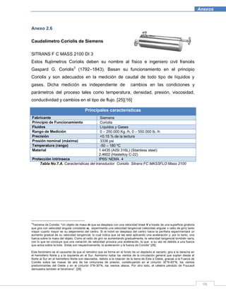 98
Anexos
Anexo 2.6
Caudalímetro Coriolis de Siemens
SITRANS F C MASS 2100 DI 3
Estos flujómetros Coriolis deben su nombre al físico e ingeniero civil francés
Gaspard G. Coriolis3
(1792–1843). Basan su funcionamiento en el principio
Coriolis y son adecuados en la medición de caudal de todo tipo de líquidos y
gases. Dicha medición es independiente de cambios en las condiciones y
parámetros del proceso tales como temperatura, densidad, presión, viscosidad,
conductividad y cambios en el tipo de flujo. [25][16]
Principales características
Fabricante Siemens
Principio de Funcionamiento Coriolis
Fluidos Líquidos y Gases
Rango de Medición 0 – 250.000 Kg. /h, 0 – 550.000 lb. /h
Precisión <0.15 % de la lectura
Presión nominal (máxima) 3336 psi
Temperatura (rango) -50 – 180 ºC
Material 1.4435 (AISI 316L) (Stainless steel)
2.4602 (Hastelloy C-22)
Protección intrínseca IP65/ NEMA 4
Tabla No.7.A. Características del transductor Coriolis Sitrans FC MASSFLO Mass 2100
3
Teorema de Coriolis: “Un objeto de masa m que se desplaza con una velocidad lineal V a través de una superficie giratoria
que gira con velocidad angular constante w, experimenta una velocidad tangencial (velocidad angular x radio de giro) tanto
mayor cuanto mayor es su alejamiento del centro. Si el móvil se desplaza del centro hacia la periferia experimentará un
aumento gradual de su velocidad tangencial, lo cual indica que se les está aplicando una aceleración y, por lo tanto, una
fuerza sobre la masa del objeto. Como el radio de giro va aumentando gradualmente, la velocidad tangencial también varía,
con lo que se concluye que una variación de velocidad provoca una aceleración, la que a su vez es debida a una fuerza
que actúa sobre la bola. Estas son respectivamente, la aceleración y la fuerza de Coriolis” [26].
Este fenómeno es el causante de que el remolino que se forma en el fondo de un depósito al vaciarlo, gira a la derecha en
el hemisferio Norte y a la izquierda en el Sur. Asimismo todos los vientos de la circulación general que soplan desde el
Norte al Sur en el hemisferio Norte son desviados, debido a la rotación de la tierra de Este a Oeste, gracias a la Fuerza de
Coriolis sobre las masas de aire de los cinturones de presión, constituyendo en el cinturón 30°N-60°N, los vientos
predominantes del Oeste y en el cinturón 0°N-30°N, los vientos alisios. Por otro lado, el célebre péndulo de Foucault
demuestra también el fenómeno”. [26]
 