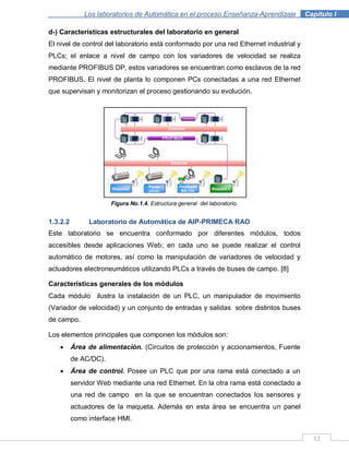 12
Los laboratorios de Automática en el proceso Enseñanza-Aprendizaje . Capítulo I
d-) Características estructurales del laboratorio en general
El nivel de control del laboratorio está conformado por una red Ethernet industrial y
PLCs; el enlace a nivel de campo con los variadores de velocidad se realiza
mediante PROFIBUS DP, estos variadores se encuentran como esclavos de la red
PROFIBUS. El nivel de planta lo componen PCs conectadas a una red Ethernet
que supervisan y monitorizan el proceso gestionando su evolución.
Figura No.1.4. Estructura general del laboratorio.
1.3.2.2 Laboratorio de Automática de AIP-PRIMECA RAO
Este laboratorio se encuentra conformado por diferentes módulos, todos
accesibles desde aplicaciones Web; en cada uno se puede realizar el control
automático de motores, así como la manipulación de variadores de velocidad y
actuadores electroneumáticos utilizando PLCs a través de buses de campo. [8]
Características generales de los módulos
Cada módulo ilustra la instalación de un PLC, un manipulador de movimiento
(Variador de velocidad) y un conjunto de entradas y salidas sobre distintos buses
de campo.
Los elementos principales que componen los módulos son:
Área de alimentación. (Circuitos de protección y accionamientos, Fuente
de AC/DC).
Área de control. Posee un PLC que por una rama está conectado a un
servidor Web mediante una red Ethernet. En la otra rama está conectado a
una red de campo en la que se encuentran conectados los sensores y
actuadores de la maqueta. Además en esta área se encuentra un panel
como interface HMI.
 