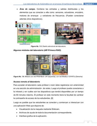 13
Los laboratorios de Automática en el proceso Enseñanza-Aprendizaje . Capítulo I
Área de campo. Contiene las entradas y salidas distribuidas y los
elementos que se conectan a ella como: sensores, actuadores, encoders,
motores de arranque y variadores de frecuencia. (Pueden conectarse
además otros dispositivos).
Figura No. 1.5. Diseño estructural del laboratorio.
Algunos módulos del laboratorio (AIP-Primeca RAO)
Figura No. 1.6. Módulo con red PROFIBUS DP (Izquierda), con red Modbus TCP/RTU (Derecha).
Acceso remoto al laboratorio
Para acceder al laboratorio cada profesor o tutor debe registrarse con anterioridad
en una sección de administración de redes. Luego el profesor puede conectarse a
la intranet y ver cuáles son los dispositivos que tendrá disponibles por un tiempo
de 60 minutos máximo. El profesor en este momento tiene la facultad de cambiar
la contraseña de acceso de los estudiantes. [8]
Luego es posible que los estudiantes se conecten y comiencen a interactuar con
una aplicación Web que dispone de:
Visualización de la maqueta mediante Webcam.
Archivos de ayuda de toda la documentación correspondiente.
Interface grafica de la aplicación.
 
