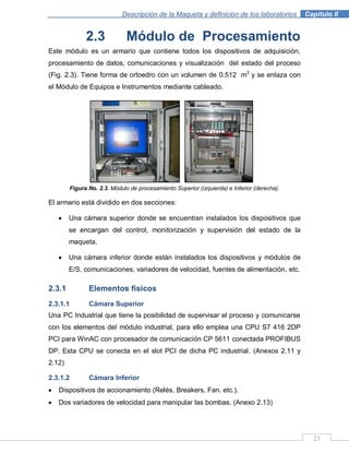 Descripción de la Maqueta y definición de los laboratorios . Capítulo II
23
2.3 Módulo de Procesamiento
Este módulo es un armario que contiene todos los dispositivos de adquisición,
procesamiento de datos, comunicaciones y visualización del estado del proceso
(Fig. 2.3). Tiene forma de ortoedro con un volumen de 0.512 m3
y se enlaza con
el Módulo de Equipos e Instrumentos mediante cableado.
Figura No. 2.3. Módulo de procesamiento Superior (izquierda) e Inferior (derecha).
El armario está dividido en dos secciones:
Una cámara superior donde se encuentran instalados los dispositivos que
se encargan del control, monitorización y supervisión del estado de la
maqueta.
Una cámara inferior donde están instalados los dispositivos y módulos de
E/S, comunicaciones, variadores de velocidad, fuentes de alimentación, etc.
2.3.1 Elementos físicos
2.3.1.1 Cámara Superior
Una PC Industrial que tiene la posibilidad de supervisar el proceso y comunicarse
con los elementos del módulo industrial, para ello emplea una CPU S7 416 2DP
PCI para WinAC con procesador de comunicación CP 5611 conectada PROFIBUS
DP. Esta CPU se conecta en el slot PCI de dicha PC industrial. (Anexos 2.11 y
2.12)
2.3.1.2 Cámara Inferior
Dispositivos de accionamiento (Relés, Breakers, Fan. etc.).
Dos variadores de velocidad para manipular las bombas. (Anexo 2.13)
 