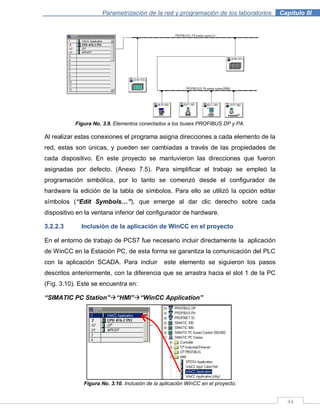 44
Parametrización de la red y programación de los laboratorios .Capítulo III
Figura No. 3.9. Elementos conectados a los buses PROFIBUS DP y PA.
Al realizar estas conexiones el programa asigna direcciones a cada elemento de la
red, estas son únicas, y pueden ser cambiadas a través de las propiedades de
cada dispositivo. En este proyecto se mantuvieron las direcciones que fueron
asignadas por defecto. (Anexo 7.5). Para simplificar el trabajo se empleó la
programación simbólica, por lo tanto se comenzó desde el configurador de
hardware la edición de la tabla de símbolos. Para ello se utilizó la opción editar
símbolos (“Edit Symbols…”), que emerge al dar clic derecho sobre cada
dispositivo en la ventana inferior del configurador de hardware.
3.2.2.3 Inclusión de la aplicación de WinCC en el proyecto
En el entorno de trabajo de PCS7 fue necesario incluir directamente la aplicación
de WinCC en la Estación PC, de esta forma se garantiza la comunicación del PLC
con la aplicación SCADA. Para incluir este elemento se siguieron los pasos
descritos anteriormente, con la diferencia que se arrastra hacia el slot 1 de la PC
(Fig. 3.10). Este se encuentra en:
“SIMATIC PC Station”“HMI”“WinCC Application”
Figura No. 3.10. Inclusión de la aplicación WinCC en el proyecto.
 