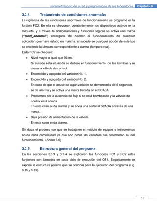51
Parametrización de la red y programación de los laboratorios .Capítulo III
3.3.4 Tratamiento de condiciones anormales
La vigilancia de las condiciones anormales de funcionamiento se programó en la
función FC2. En ella se chequean constantemente los dispositivos activos en la
maqueta, y a través de comparaciones y funciones lógicas se activa una marca
(“cond_anormal”) encargada de detener el funcionamiento de cualquier
aplicación que haya estado en marcha. Al sucederse cualquier acción de este tipo
se enciende la lámpara correspondiente a alarma (lámpara roja).
En la FC2 se chequea:
Nivel mayor o igual que 97cm.
Si sucede esta situación se detiene el funcionamiento de las bombas y se
cierra la válvula de control.
Encendido y apagado del variador No. 1.
Encendido y apagado del variador No. 2.
En caso de que el acuse de algún variador se demore más de 5 segundos
se da alarma y se activa una marca tratada en el SCADA.
Problemas por la ausencia de flujo si se está bombeando y la válvula de
control está abierta.
En este caso se da alarma y se envía una señal al SCADA a través de una
marca.
Baja presión de alimentación de la válvula.
En este caso se da alarma.
Sin duda el proceso con que se trabaja en el módulo de equipos e instrumentos
posee poca complejidad ya que son pocas las variables que determinan su mal
funcionamiento. (Anexo 8.6)
3.3.5 Estructura general del programa
En las secciones 3.3.3 y 3.3.4 se explicaron las funciones FC1 y FC2 estas
funciones son llamadas en cada ciclo de ejecución del OB1. Seguidamente se
expone la estructura general que se concibió para la ejecución del programa (Fig.
3.18 y 3.19).
 