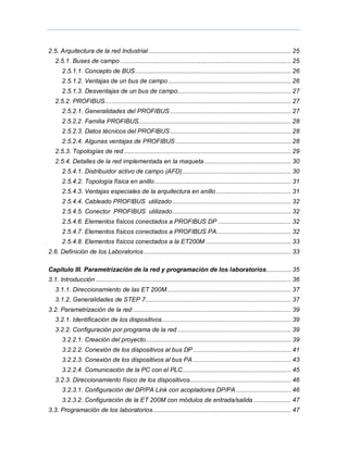 2.5. Arquitectura de la red Industrial ................................................................................ 25
2.5.1. Buses de campo ................................................................................................ 25
2.5.1.1. Concepto de BUS........................................................................................ 26
2.5.1.2. Ventajas de un bus de campo ..................................................................... 26
2.5.1.3. Desventajas de un bus de campo................................................................ 27
2.5.2. PROFIBUS......................................................................................................... 27
2.5.2.1. Generalidades del PROFIBUS .................................................................... 27
2.5.2.2. Familia PROFIBUS...................................................................................... 28
2.5.2.3. Datos técnicos del PROFIBUS .................................................................... 28
2.5.2.4. Algunas ventajas de PROFIBUS ................................................................. 28
2.5.3. Topologías de red .............................................................................................. 29
2.5.4. Detalles de la red implementada en la maqueta................................................. 30
2.5.4.1. Distribuidor activo de campo (AFD)............................................................. 30
2.5.4.2. Topología física en anillo............................................................................. 31
2.5.4.3. Ventajas especiales de la arquitectura en anillo .......................................... 31
2.5.4.4. Cableado PROFIBUS utilizado................................................................... 32
2.5.4.5. Conector PROFIBUS utilizado................................................................... 32
2.5.4.6. Elementos físicos conectados a PROFIBUS DP ......................................... 32
2.5.4.7. Elementos físicos conectados a PROFIBUS PA.......................................... 32
2.5.4.8. Elementos físicos conectados a la ET200M ................................................ 33
2.6. Definición de los Laboratorios................................................................................... 33
Capítulo III. Parametrización de la red y programación de los laboratorios.............. 35
3.1. Introducción .............................................................................................................. 36
3.1.1. Direccionamiento de las ET 200M...................................................................... 37
3.1.2. Generalidades de STEP 7.................................................................................. 37
3.2. Parametrización de la red ......................................................................................... 39
3.2.1. Identificación de los dispositivos......................................................................... 39
3.2.2. Configuración por programa de la red ................................................................ 39
3.2.2.1. Creación del proyecto.................................................................................. 39
3.2.2.2. Conexión de los dispositivos al bus DP ....................................................... 41
3.2.2.3. Conexión de los dispositivos al bus PA ....................................................... 43
3.2.2.4. Comunicación de la PC con el PLC............................................................. 45
3.2.3. Direccionamiento físico de los dispositivos......................................................... 46
3.2.3.1. Configuración del DP/PA Link con acopladores DP/PA ............................... 46
3.2.3.2. Configuración de la ET 200M con módulos de entrada/salida ..................... 47
3.3. Programación de los laboratorios.............................................................................. 47
 