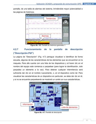 61
Aplicación SCADA y propuesta de comunicación OPC .Capítulo IV
pantalla, de una tabla de alarmas del sistema, brindándole mayor potencialidad a
las páginas de históricos.
Figura No. 4.6. Pantalla de históricos generales 1.
4.2.7 Funcionamiento de la pantalla de descripción
(“Descripción.Pdl”)
La página de “Descripción” (Fig. 4.7) persigue visualizar e identificar de forma
escueta, algunas de las características de los elementos que se encuentran en la
maqueta. Para ello cuenta con una lista de los dispositivos y al hacer clic en el
nombre del equipo este comienza a parpadear (para lograr la identificación, solo
parpadea un elemento a la vez). Para detener cualquier intermitencia será
suficiente dar clic en el nombre nuevamente, o, en el dispositivo como tal. Para
visualizar las características de un dispositivo en particular, se debe dar clic en él,
y si no se encuentra parpadeando se mostrará un cartel con sus características.
Figura No. 4.7. Pantalla de descripción
Información
Tendencias
Alarmas
Lista de elementos
 
