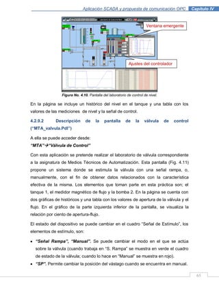 65
Aplicación SCADA y propuesta de comunicación OPC .Capítulo IV
Figura No. 4.10. Pantalla del laboratorio de control de nivel.
En la página se incluye un histórico del nivel en el tanque y una tabla con los
valores de las mediciones de nivel y la señal de control.
4.2.9.2 Descripción de la pantalla de la válvula de control
(“MTA_valvula.Pdl”)
A ella se puede acceder desde:
“MTA”“Válvula de Control”
Con esta aplicación se pretende realizar el laboratorio de válvula correspondiente
a la asignatura de Medios Técnicos de Automatización. Esta pantalla (Fig. 4.11)
propone un sistema donde se estimula la válvula con una señal rampa, o,
manualmente, con el fin de obtener datos relacionados con la característica
efectiva de la misma. Los elementos que toman parte en esta práctica son; el
tanque 1, el medidor magnético de flujo y la bomba 2. En la página se cuenta con
dos gráficas de históricos y una tabla con los valores de apertura de la válvula y el
flujo. En el gráfico de la parte izquierda inferior de la pantalla, se visualiza la
relación por ciento de apertura-flujo.
El estado del dispositivo se puede cambiar en el cuadro “Señal de Estímulo”, los
elementos de estímulo, son:
“Señal Rampa”, “Manual”. Se puede cambiar el modo en el que se actúa
sobre la válvula (cuando trabaja en “S. Rampa” se muestra en verde el cuadro
de estado de la válvula; cuando lo hace en “Manual” se muestra en rojo).
“SP”. Permite cambiar la posición del vástago cuando se encuentra en manual.
Ventana emergente
Ajustes del controlador
 