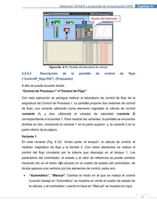 66
Aplicación SCADA y propuesta de comunicación OPC .Capítulo IV
Figura No. 4.11. Pantalla del laboratorio de válvula.
4.2.9.3 Descripción de la pantalla de control de flujo
(“ControlP_flujo.Pdl”) (Propuesto)
A ella se puede acceder desde:
“Control de Procesos I”“Control de Flujo”
Con esta aplicación se persigue realizar el laboratorio de control de flujo de la
asignatura de Control de Procesos I. La pantalla propone dos sistemas de control
de flujo; una variante utilizando como elemento regulador la válvula de control
(variante 1), y otra, utilizando el variador de velocidad (variante 2)
correspondiente a la bomba 1. Para mostrar las variantes, la pantalla se encuentra
dividida en dos, mostrando la variante 1 en la parte superior, y, la variante 2 en la
parte inferior de la página.
Variante 1
En esta variante (Fig. 4.12) toman parte: el tanque1, la válvula de control, el
medidor magnético de flujo y la bomba 2. Con estos elementos se realiza el
control del flujo circulante por la tubería que descarga en el tanque 1. Los
parámetros del controlador, el estado y el valor de referencia se puede cambiar
haciendo clic en el botón ubicado en el cuadro de estado del controlador, de
donde aparece una ventana con los elementos de control, estos son:
“Automático”, “Manual”. Cambia el modo en el que se realiza el control
(cuando trabaja en “Automático” se muestra en verde el cuadro de estado de
la válvula, y el controlador; cuando lo hace en “Manual” se muestra en rojo).
Ajuste del estímulo
 